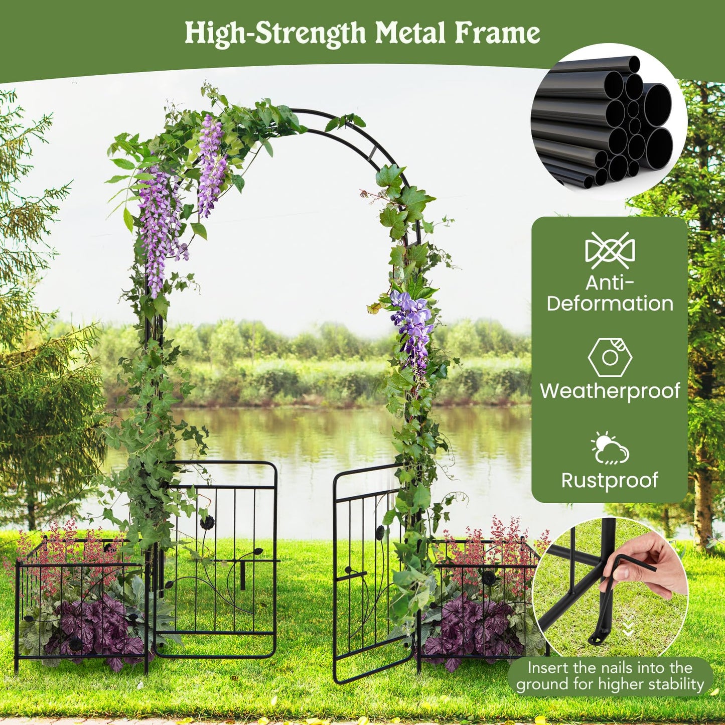 COSTWAY Garden Arch with with Gate and Planter Boxes, 2.2M Metal Pergola Arbor Trellis for Climbing Plant Rose Vines, Plants Support Archway for Lawn Backyard Party Wedding