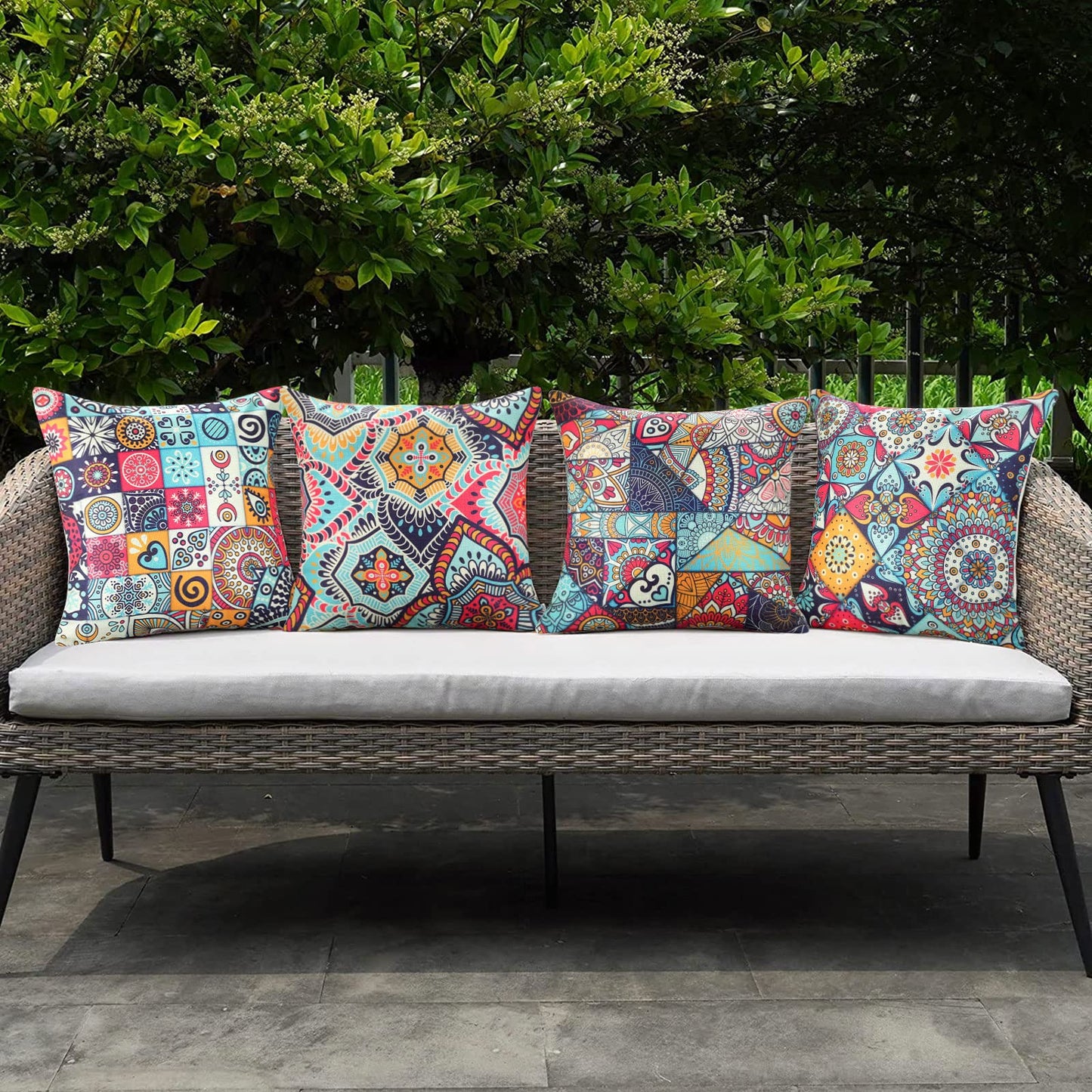 Velvhom Pack of 4 Outdoor Waterproof Cushion Covers 45 x 45cm Ethnic Pillow Case Mandala Floral Throw Pillow Cover Colourful Art Modern Hippy for Garden Patio Bench Sofa Outside Furniture