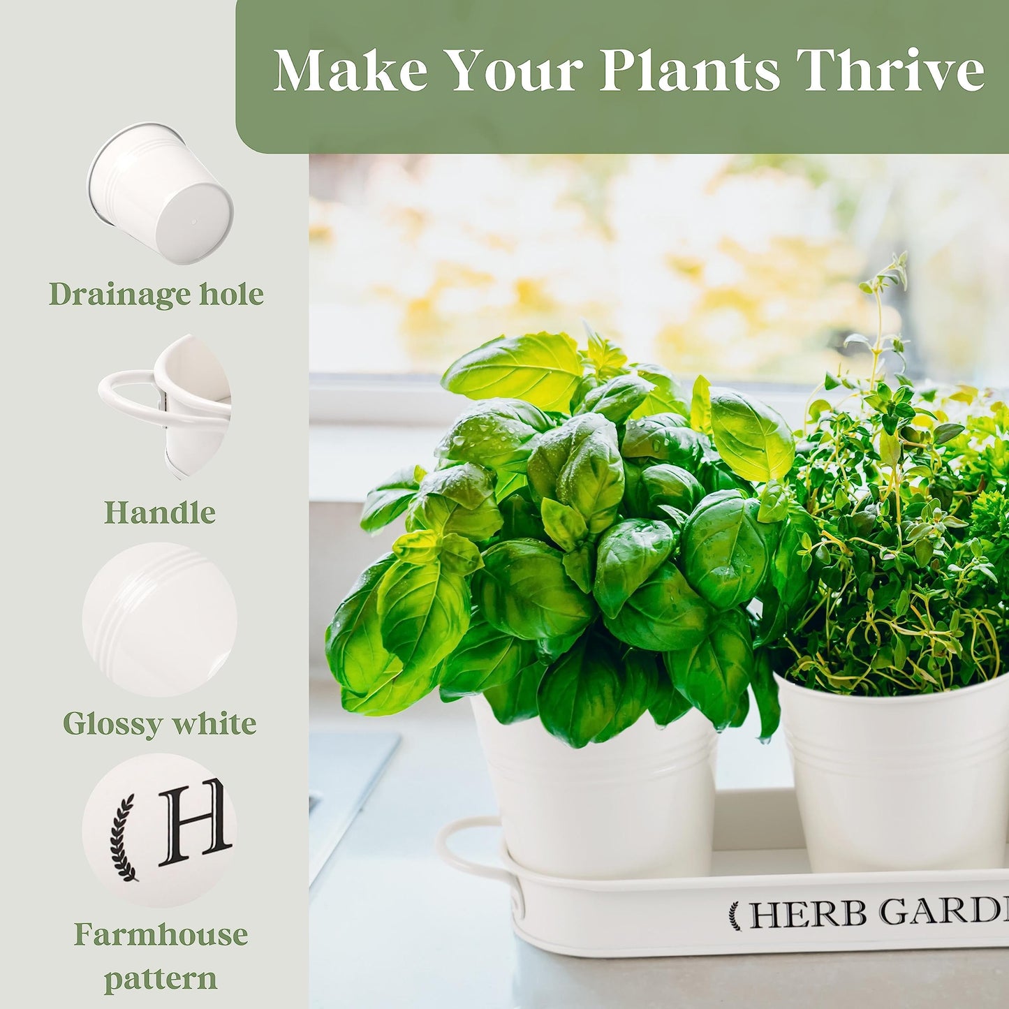 PERFNIQUE Farmhouse Herb Garden Kit, Indoor/Outdoor Herb Planter with Tray, Window Pots for Indoor/Outdoor Plants (Off White)