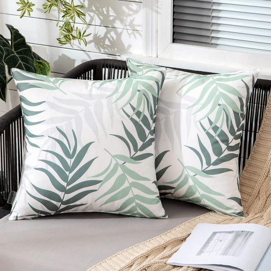 MIULEE Outdoor Cushion Covers Waterproof Polyester Throw Pillow Cover Square Decorative Pillowcase with Leaf Patterns for Garden Sofa Livingroom Bedroom Tent Park 2 Pieces 18x18 Inch Green Grey