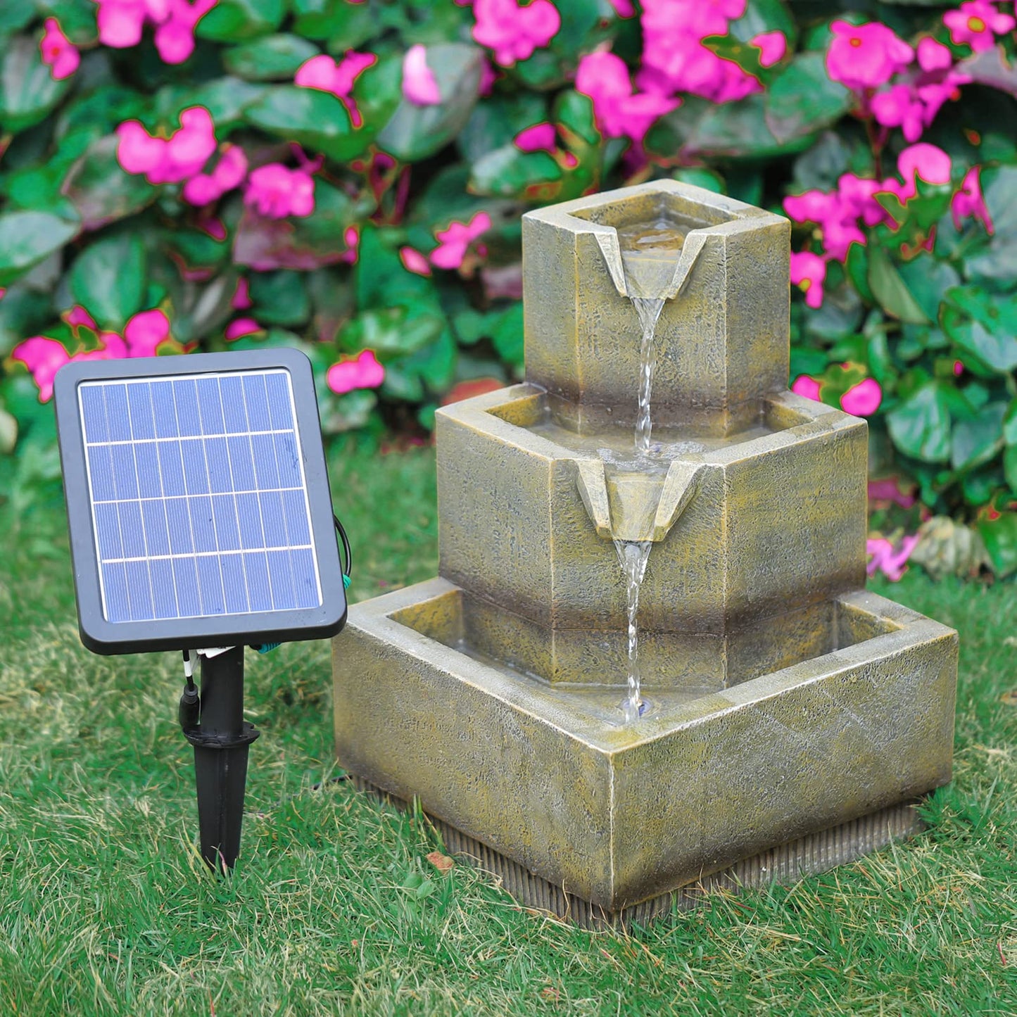BTGGG Solar Powered Garden Water Feature Water Fountain Cascade Three Tier Water Feature Garden Yard Waterfall with LED Lights Water Feature Fountain