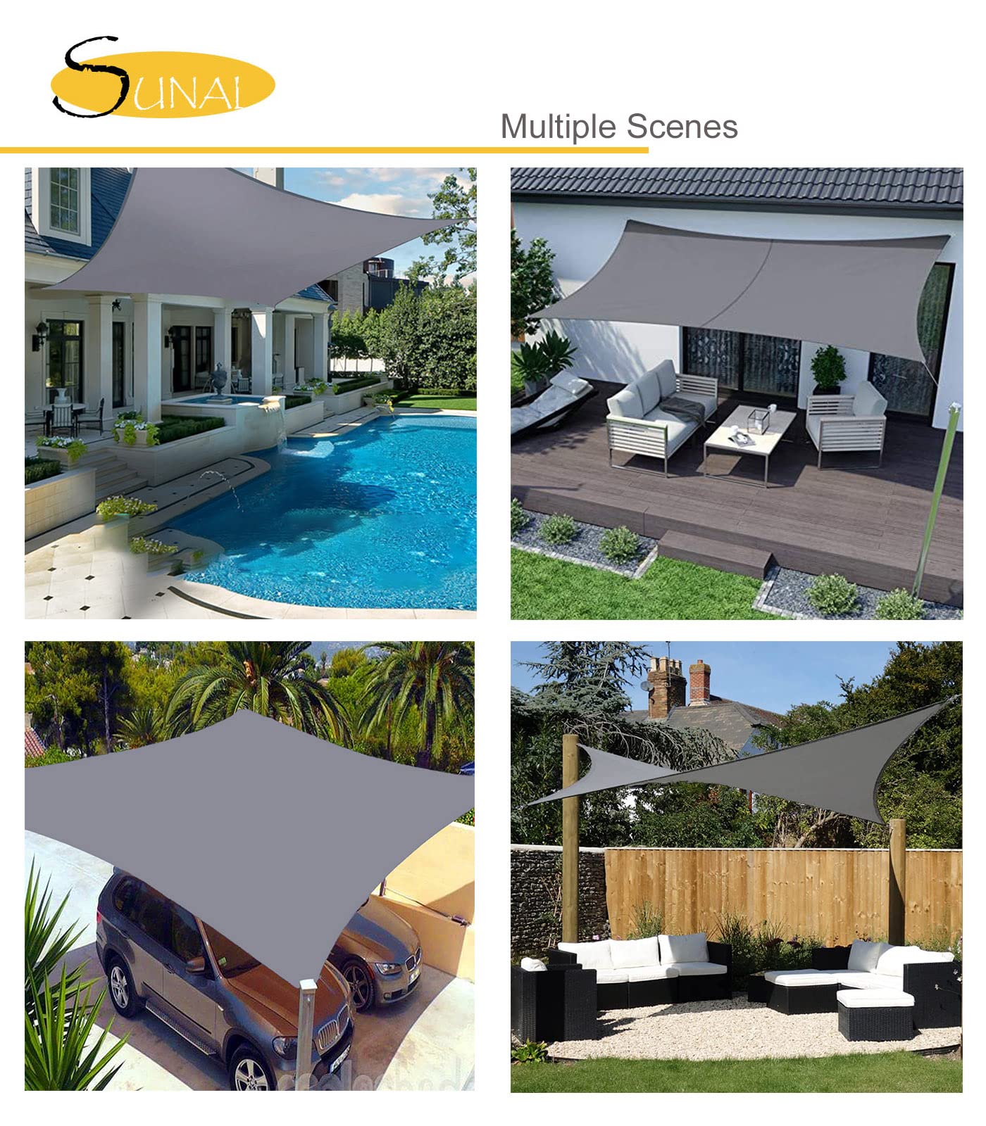 Sunal Sun Shade Sails 3m x 4m, Rectangle Waterproof Shade Sail for Garden, 98% UV Blocking Outdoor Sun Shade Shade Canopy with Free Rope for Outdoor Garden Pergola Patio Party Backyard Lawn, Grey