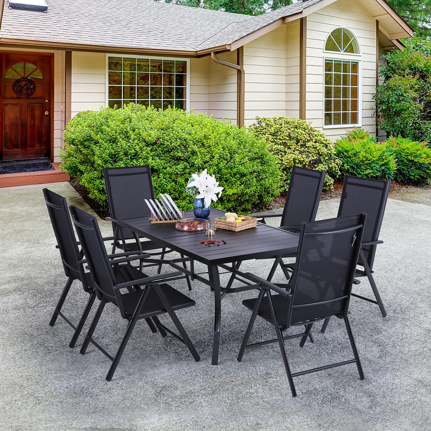 PHIVILLA Garden Table for 6 Person 150 * 90cm Patio Outdoor Table Rust Proof Steel Frame with 4 cm Parasol Hole Outdoor Furniture Garden Dining Table Maintenance Free Black