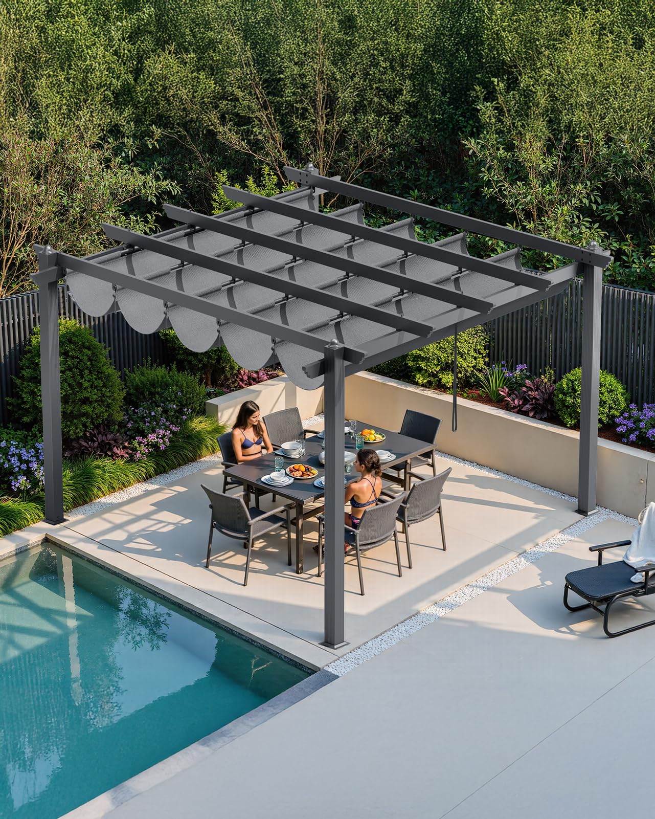 The Fellie 3M x 3M Aluminium Pergola with Retractable Roof, Outdoor Garden Gazebos Water-resistant, Large Metal Retractable Pergola Sun Shade Shelter for Garden, Patio, Poolside, Party, BBQ, Dark Grey