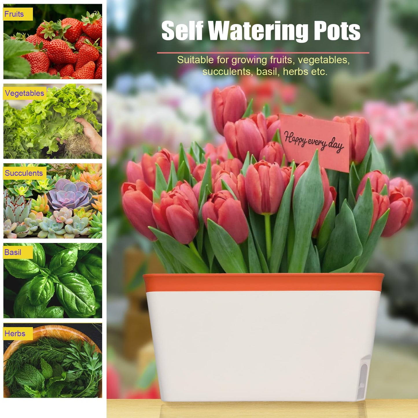 GUDELAK Windowsill Herb Planter Box Indoor Set of 3, 10.5 Inch Self Watering Planter Pots with Visual Water Level Window, Modern Plastic Plant Pots for Herbs, Vegetables, Succulents Plants