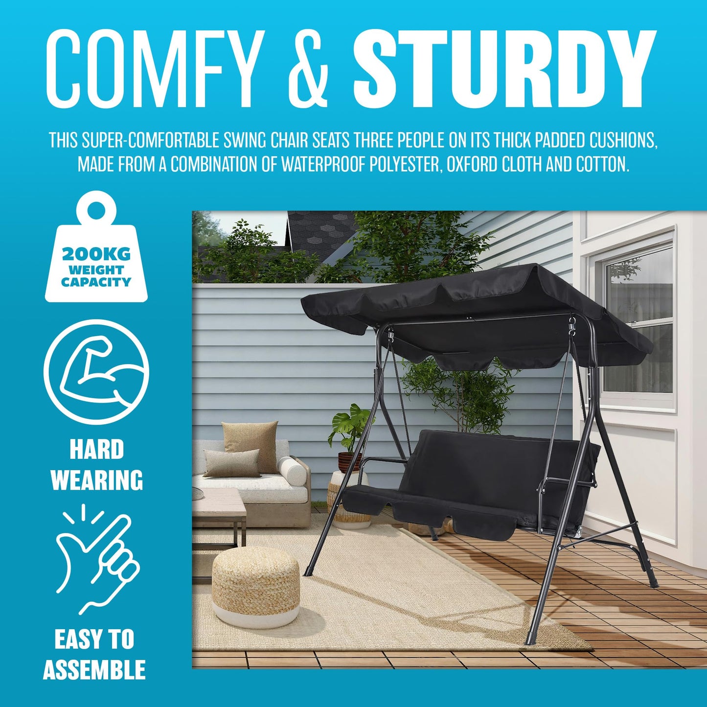3 Seater Garden Swing Chair - Black Seat Hammock Swinging Metal Terrace Shade Sun Protection Canopy Bench | Thick Padded Cushion | Waterproof Outdoor Garden | Adjustable Canopy