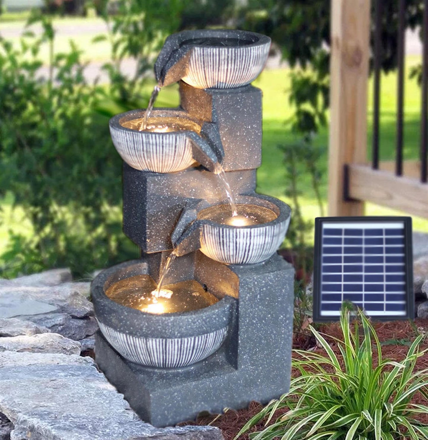 GEEZY Solar Water Features for the Garden – Outdoor 4 Tier Bowl Fountain with LED Lights – Solar Powered, Self-Contained – Easy Setup, Relaxing & Cascading – Ideal for Garden, Patio & Balcony Decor