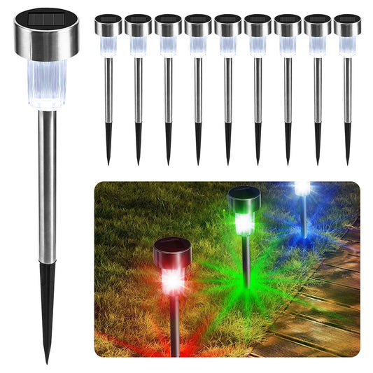 CUQOO Solar Garden Stake Lights – 10 Pack Colour-Changing LED, Weatherproof Stainless Steel Solar Lights for Outdoor Pathway Lighting – Rechargeable with Automatic Night Activation [Energy Class A-]