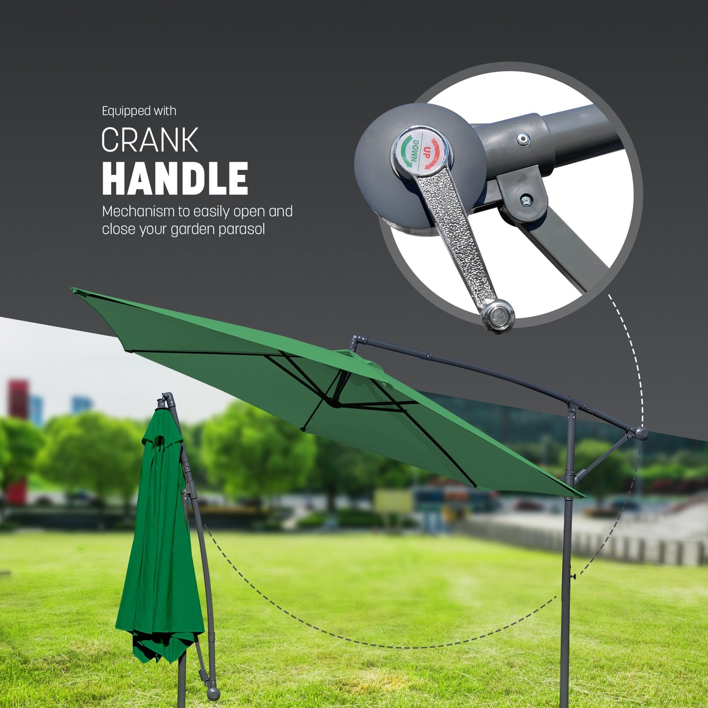 KEPLIN 3M Cantilever Garden Parasol, Garden Umbrella with Crank Handle & Cover, UV Protection, Water-Repellent Polyester, Powder-Coated Pole, 6 Ribs Garden Parasol and Base, Sturdy Cross Base, Green
