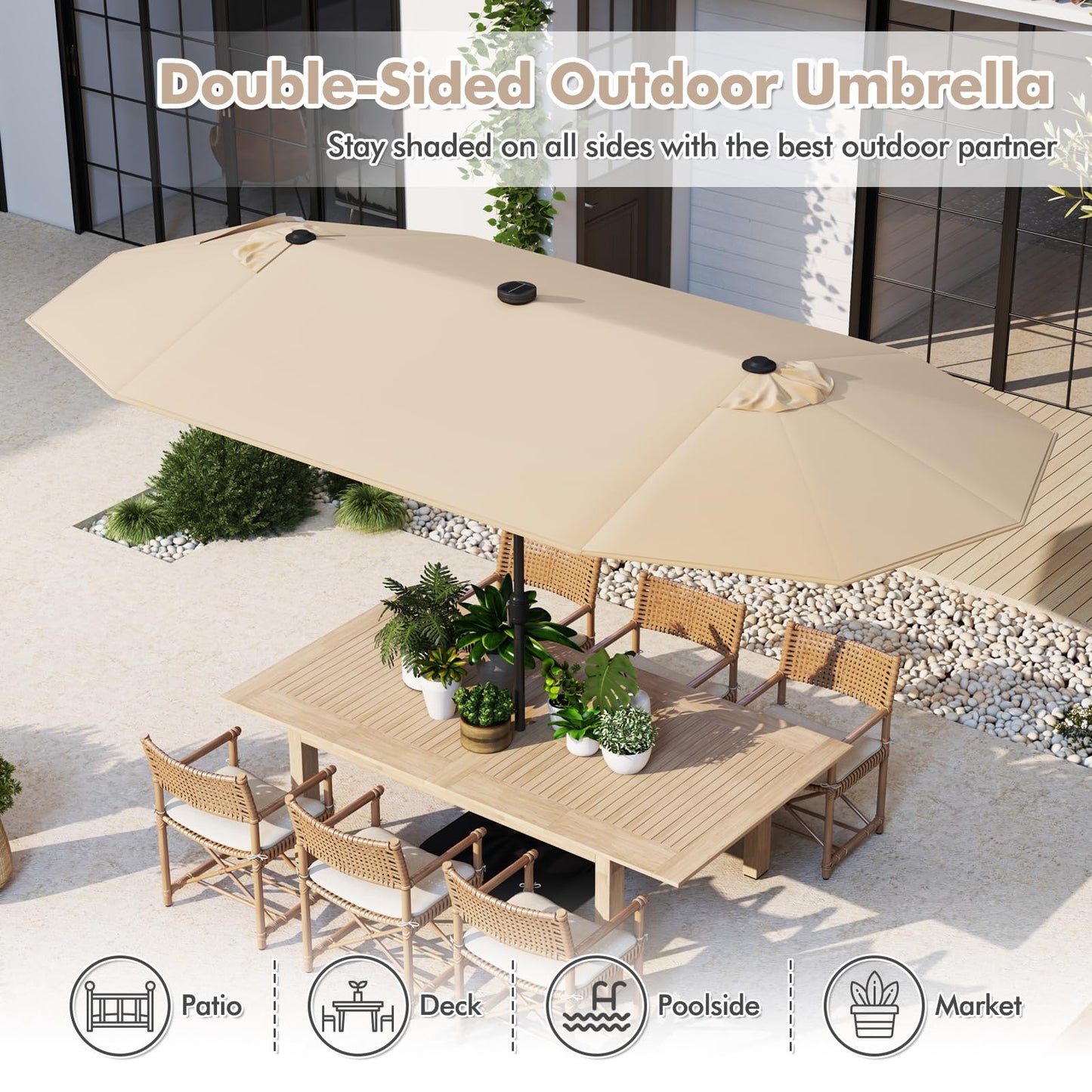 COSTWAY 4M Double-Sided Parasol, Outdoor Extra Large Sun Umbrella with Base, Solar LED Lights and Crank Handle, Market Sunshade Shelter Canopy for Garden Patio Beach Yard (Beige)