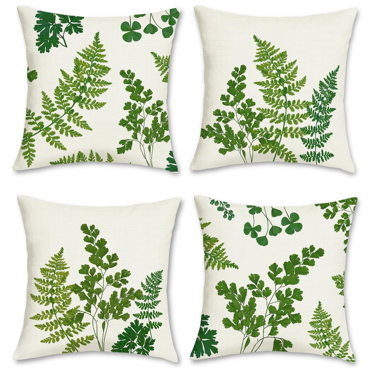 Bonhause Fern Leaves Cushion Covers 45 x 45 cm Green Botanical Leaf Decorative Throw Pillow Covers Polyester Linen Pillowcases for Sofa Garden Outdoor Decor Set of 4