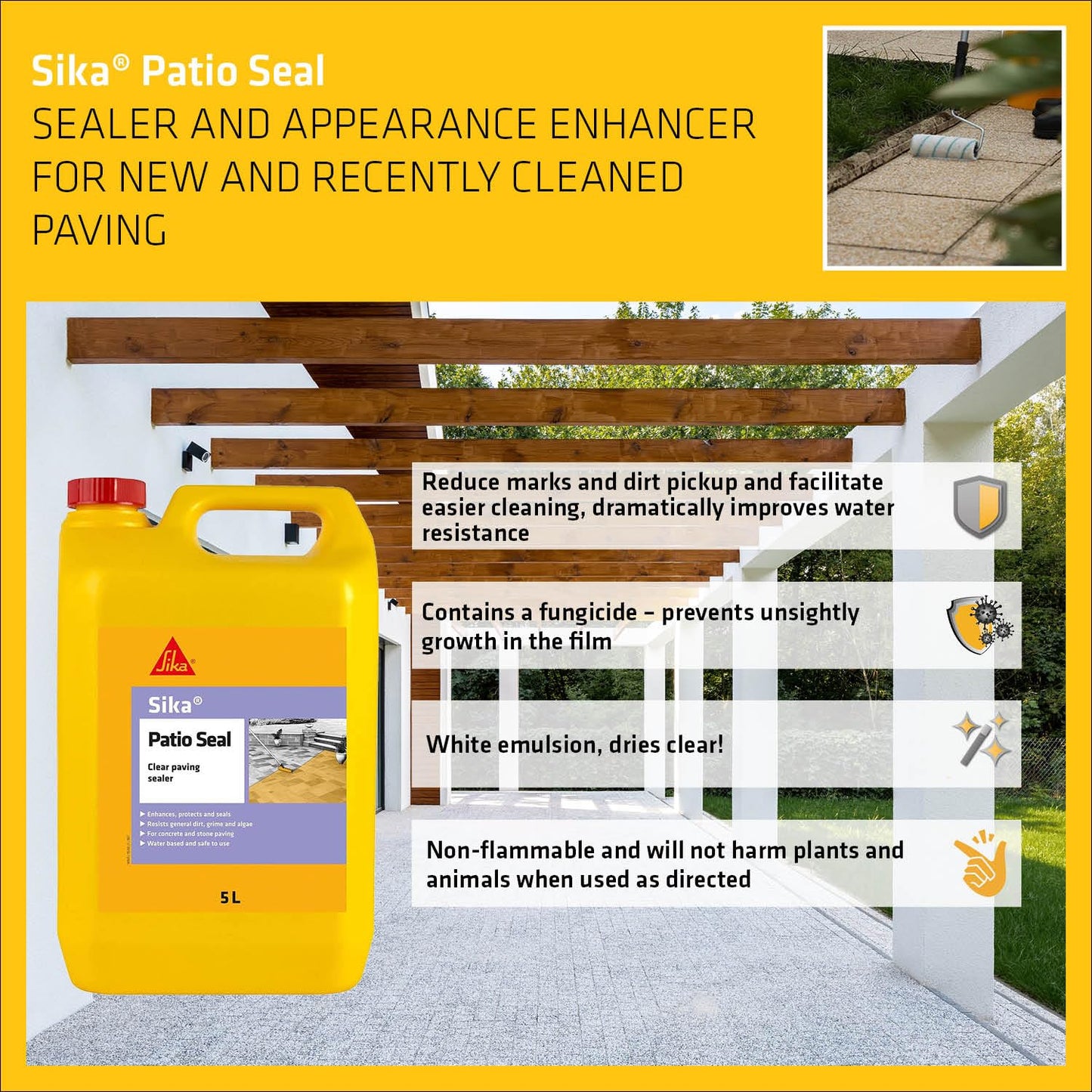 Sika Patio Seal Paving – Water Base Sealer and Appearance Enhancer for New and Recently Cleaned Paving – 5 Litre
