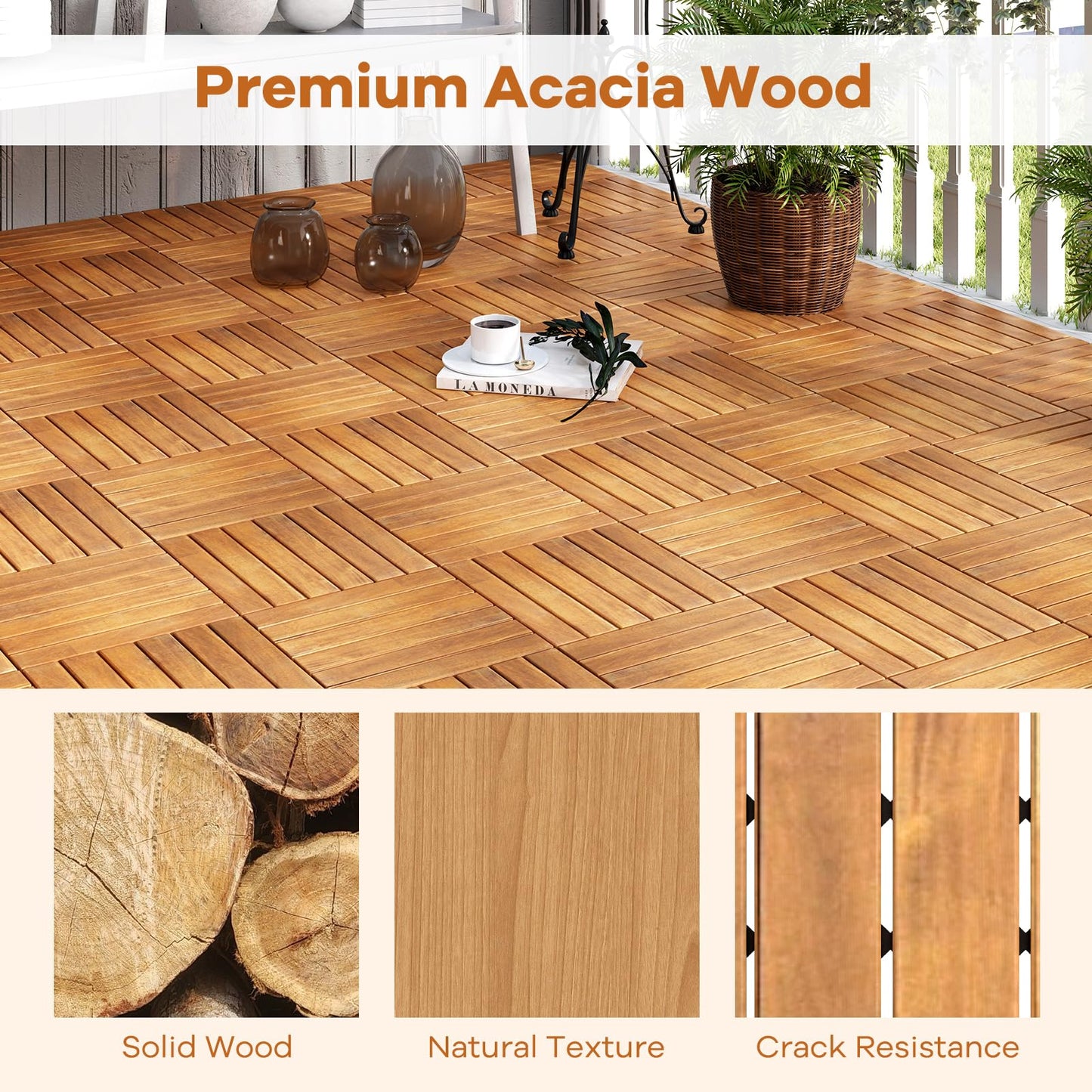 COSTWAY 27 Pcs Decking Tiles, 30 x 30cm Acacia Hardwood Interlocking Floor Tiles, Cuttable Deck Tile for Indoor Outdoor Patio Garden Balcony Pavement, Tools Free Assembly