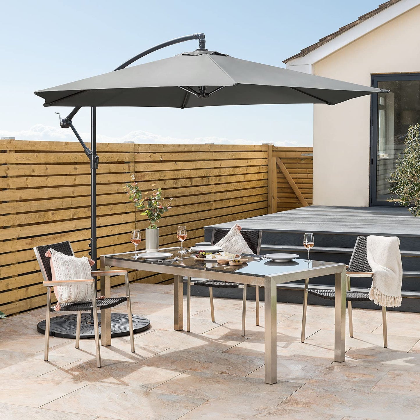 Christow Large Banana Parasol 3m Over Hanging Cantilever Umbrella UV Protective With Crank Handle (Grey Polyester Canopy)