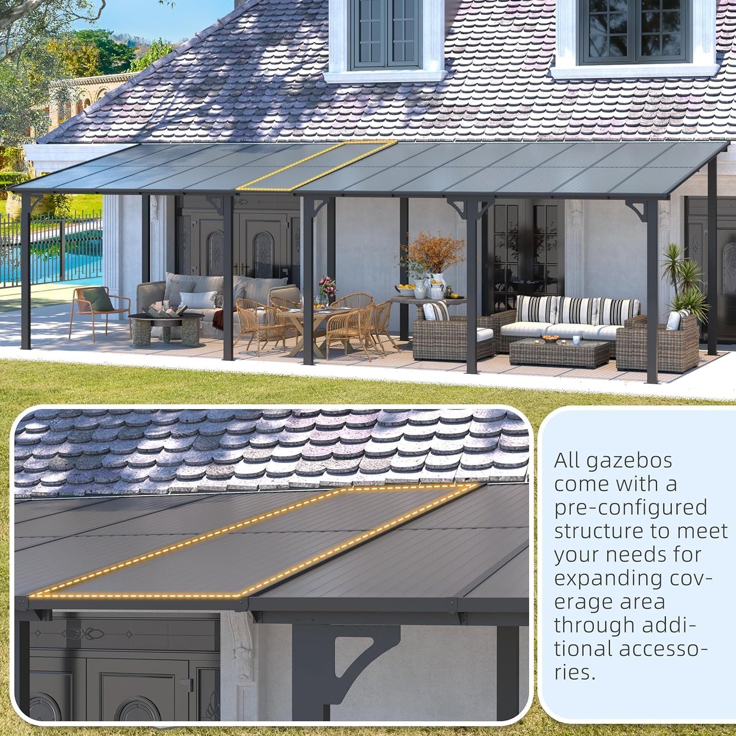 U-MAX 3m x 3m Aluminium Gazebo,Wall-Mounted Awning Gazebo，Lean to Pergola,Hardtop Roof Heavy Duty Metal Pergola for Outdoor Garden
