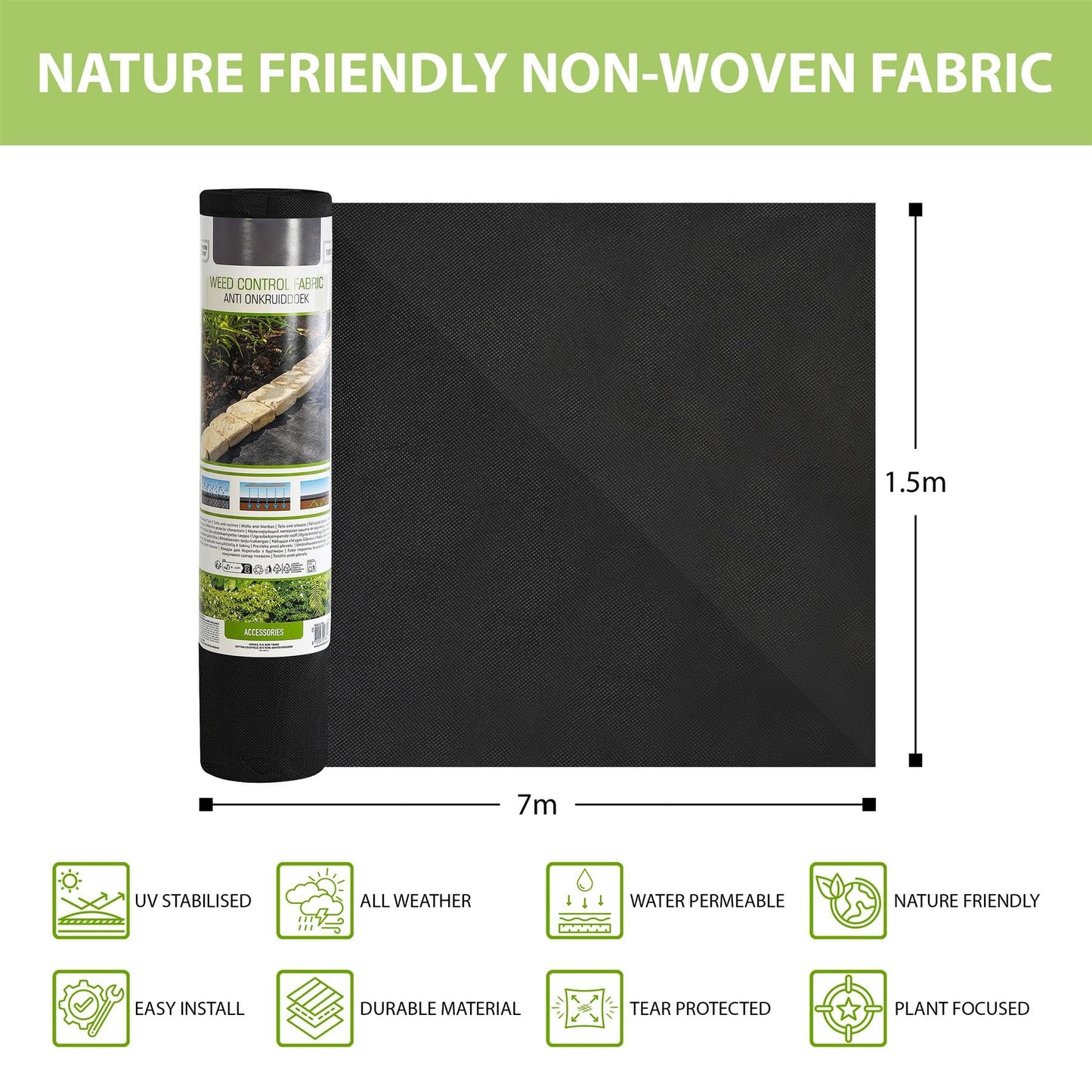 GEEZY Non-Woven Black Weed Control Fabric 1.5x7m - 45GSM Tear Resistant Garden Liner, Water Permeable, UV Stabilised - Ecological Weed Suppressant Membrane - Suitable for Plants Vegetables Flowers