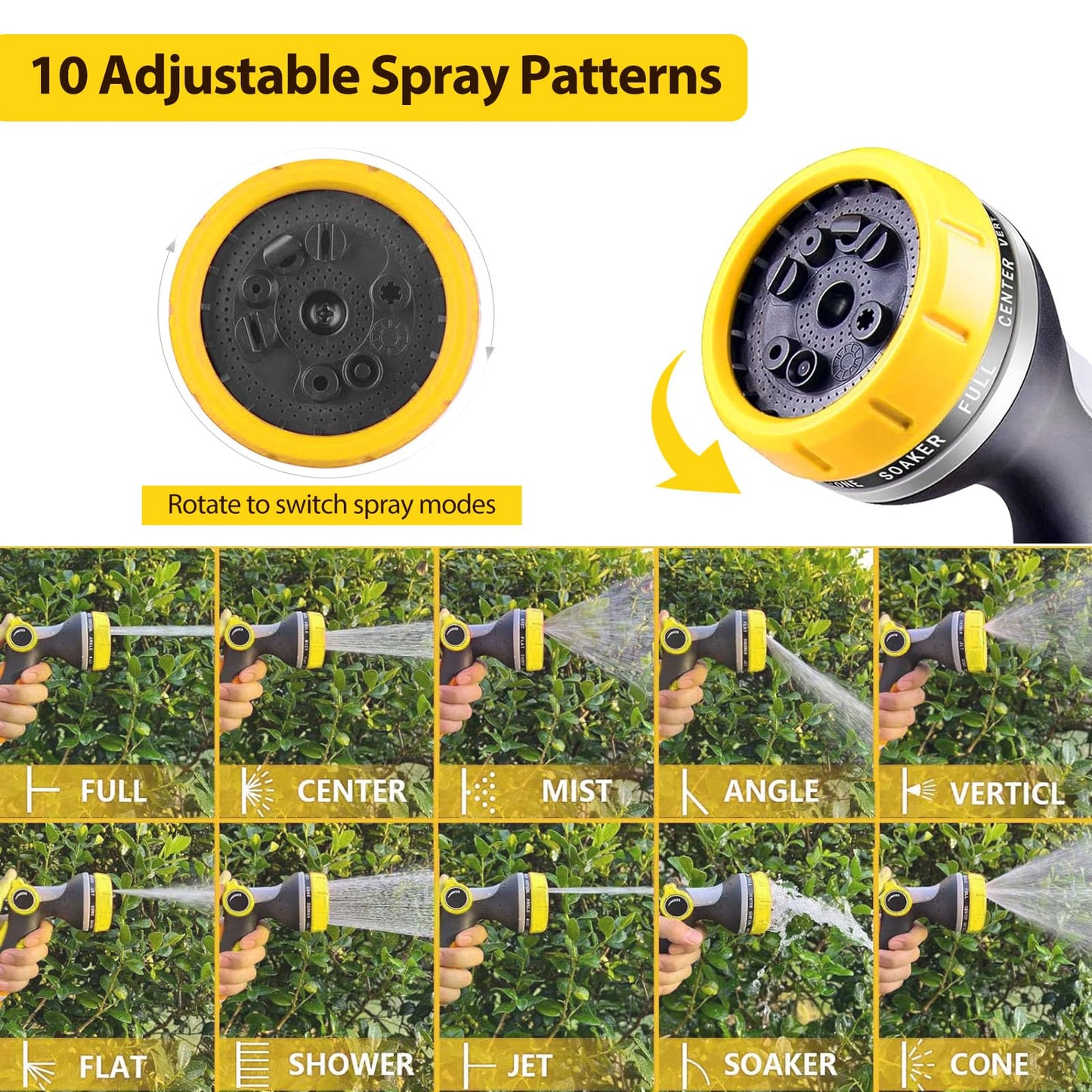 Garden Hose Spray Gun, HundoPony Water Hose Spray Gun 10 Modes High Pressure Water Spray Gun for Plant Watering Car Washing Pet Washing Sidewalk Cleaning-Yellow