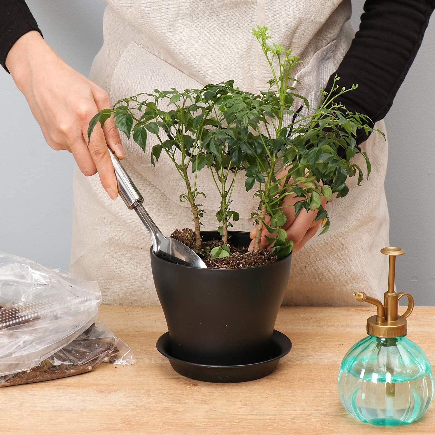 KAHEIGN 10Pcs 14cm Plastic Plant Pots Plant Container Indoor Flower Pots with Pallet Trays for Office House (14 x 12cm, Black)