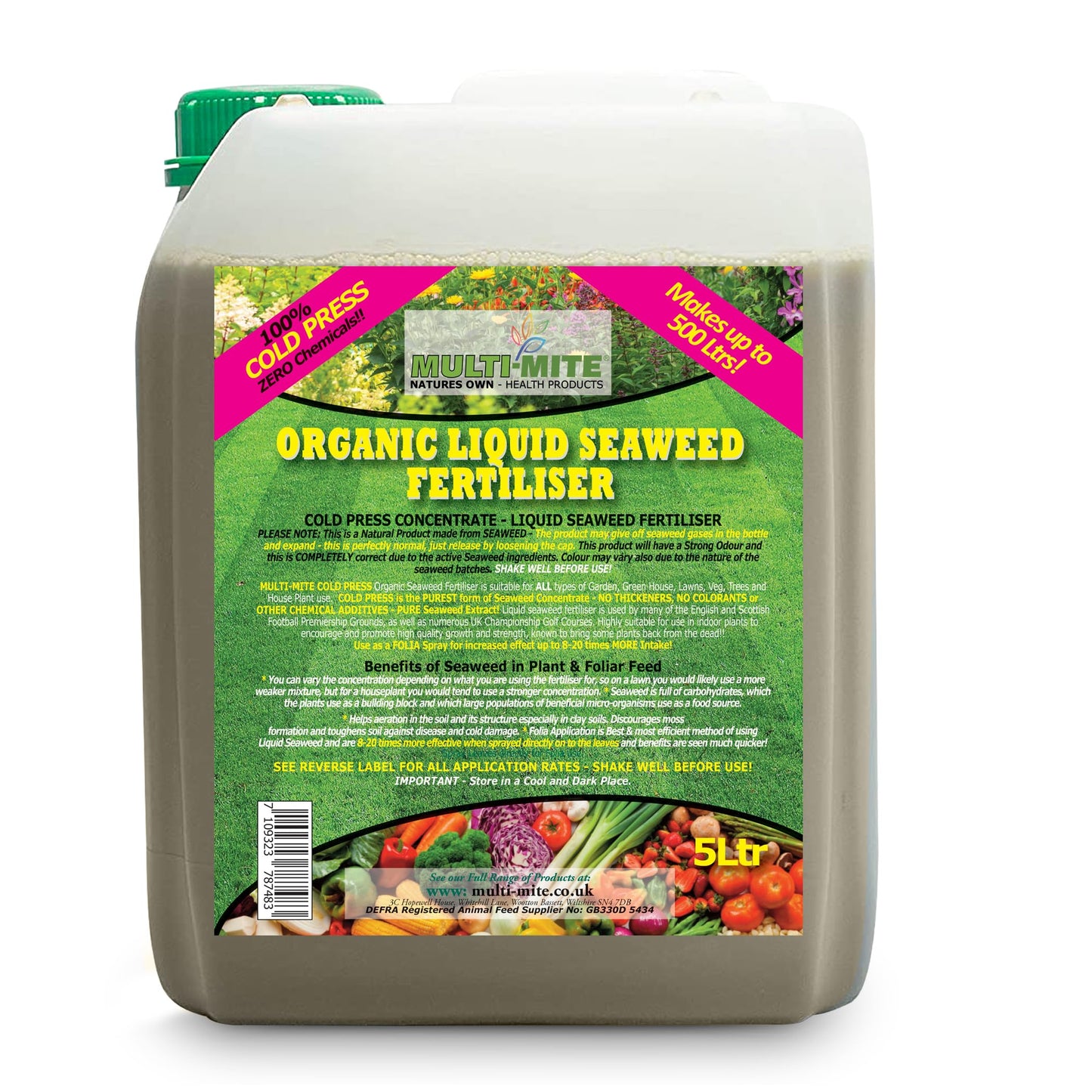 Multi-Mite 5 Ltr Liquid Seaweed -100% Natural & Organic Concentrate Cold Pressed Plant & Soil Fertiliser, Trees Lawn Veg & House Plants Root or Foliar Feeding