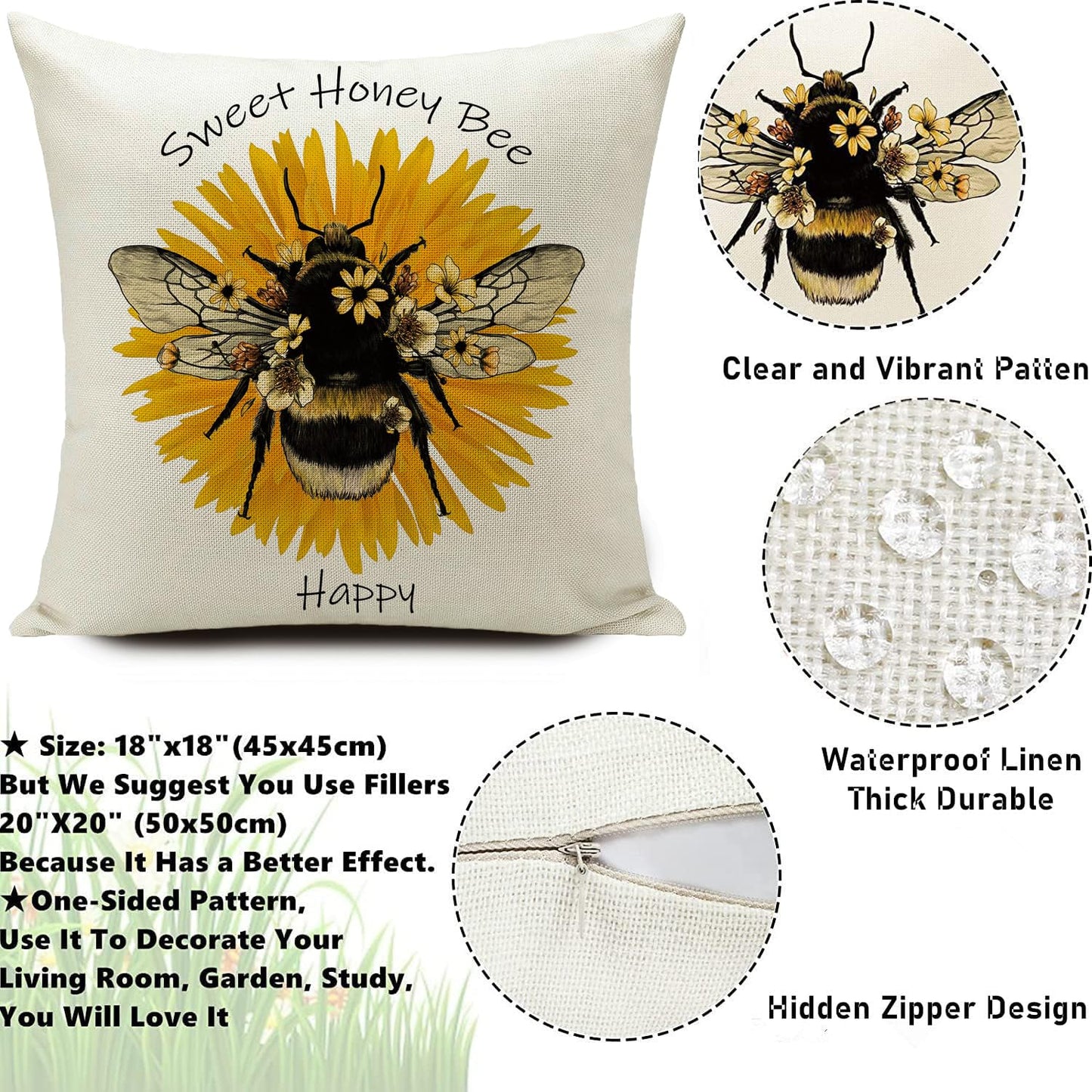 HUASHUZI Cushion Covers Bee Outdoor Waterproof Bee Gifts Design for Women Decorations Throw Pillow Case Set of 4 18x18 inch Home Decor for Sofa Bench Couch Garden Furniture 45x45cm