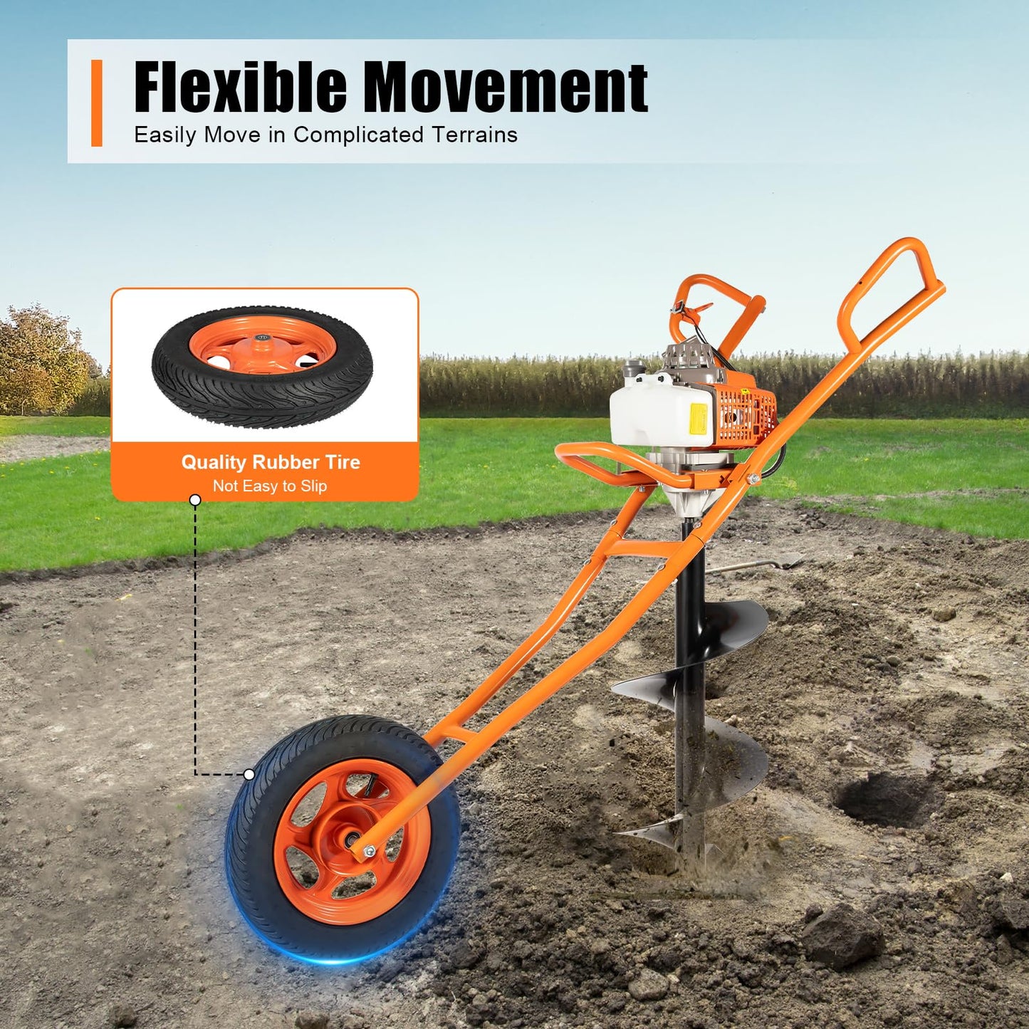 MEHOOSPVN 63cc 2-Stroke Petrol Earth Drill Fence Post Ground Hole Drill 3HP -11" Drill Bit Earth Auger Borer Ground Drill cart excavator w/1200ml fuel tank Garden Auger Hole Petrol Hole Digger Orange