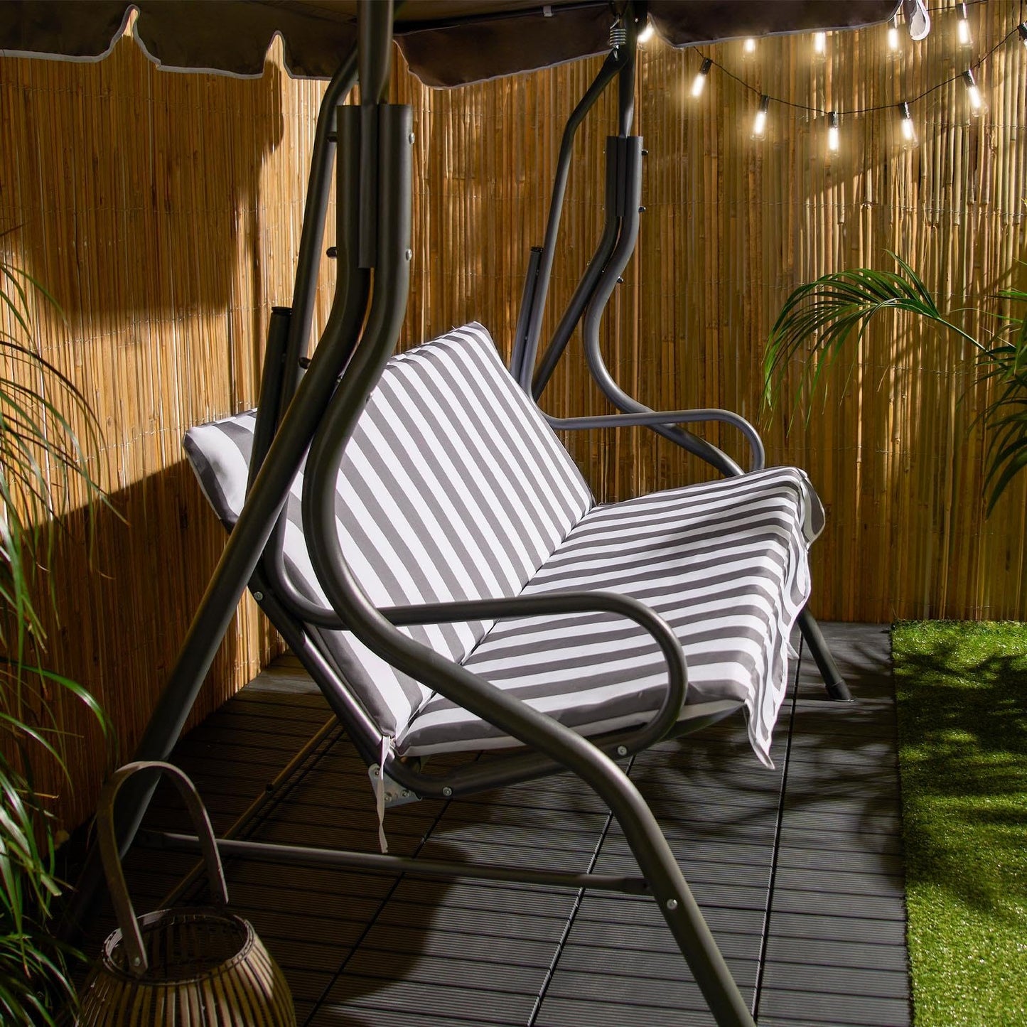 OHS Garden Swing Bench, 3 Seater Swing Seat Outdoor with Adjustable Canopy & Cushioned Seats Relaxing Comfy Outdoor Patio Hammock Bench, Grey/White Stripe