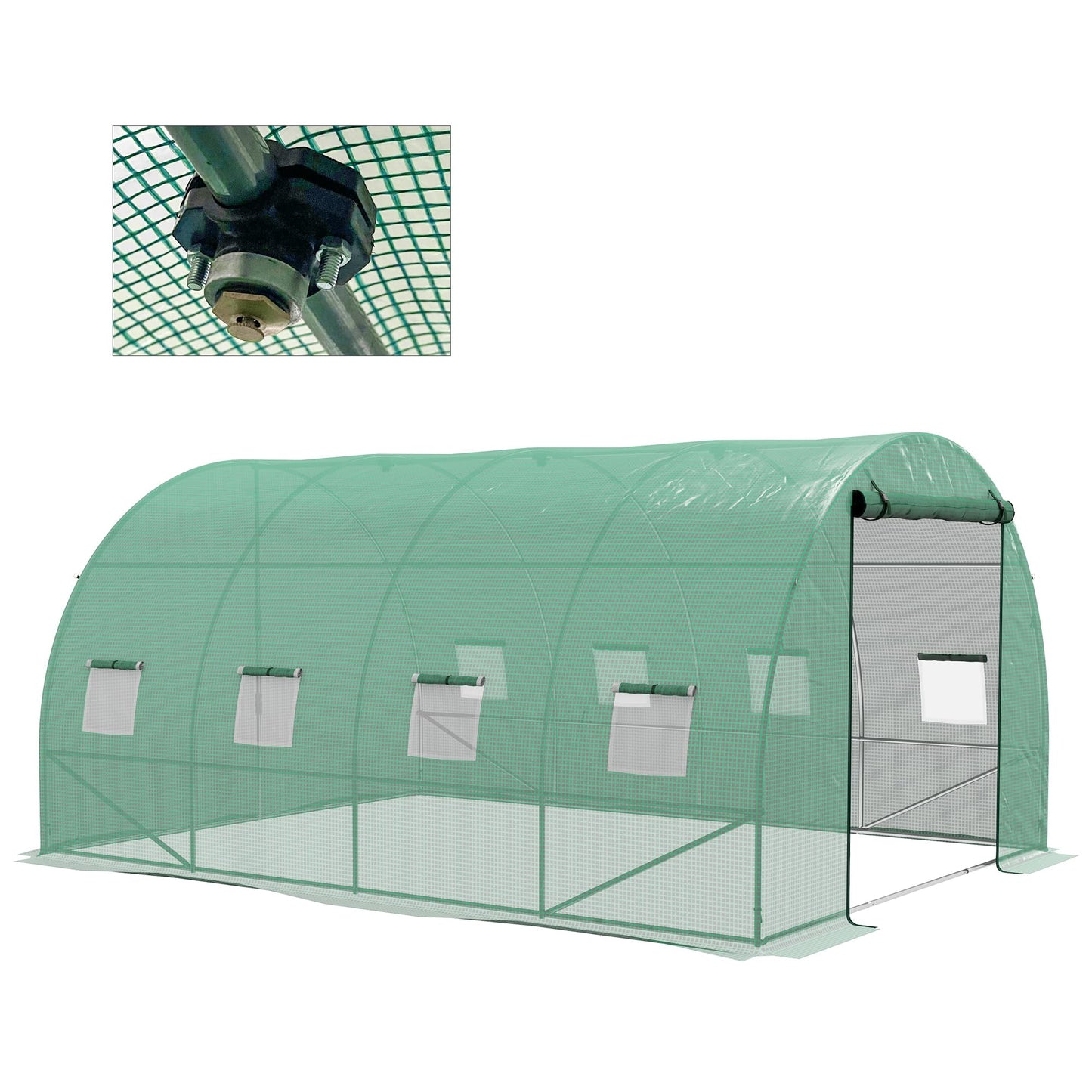 Outsunny 4 x 3(m) Polytunnel Greenhouse with Sprinkler Irrigation System, Walk-in Green House for Garden with Wide Roll-up Door, 8 Mesh Windows, Galvanised Steel Frame, Green