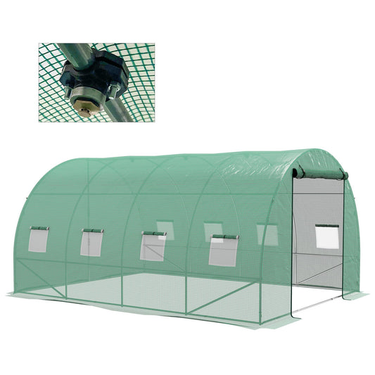 Outsunny 4 x 3(m) Polytunnel Greenhouse with Sprinkler Irrigation System, Walk-in Green House for Garden with Wide Roll-up Door, 8 Mesh Windows, Galvanised Steel Frame, Green