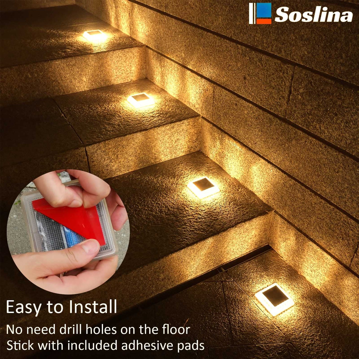 Soslina Solar Decking Lights, Solar Ground Lights Outdoor Garden, Solar Powered Step Lights Waterproof, Solar Lights for Garden Sidewalk Runway Fence Patio Pathway Driveway Dock, Warm White, 4 Pack