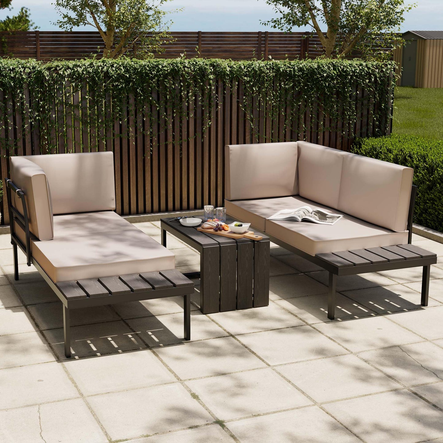 VonHaus Garden Furniture Set - Modular Outdoor Sofa with Coffee Table - 3 in 1 Multi-Use Patio Lounge Set with Daybed & Lounger Configurations - Steel Frame with Padded Cushions - Aruba Grey