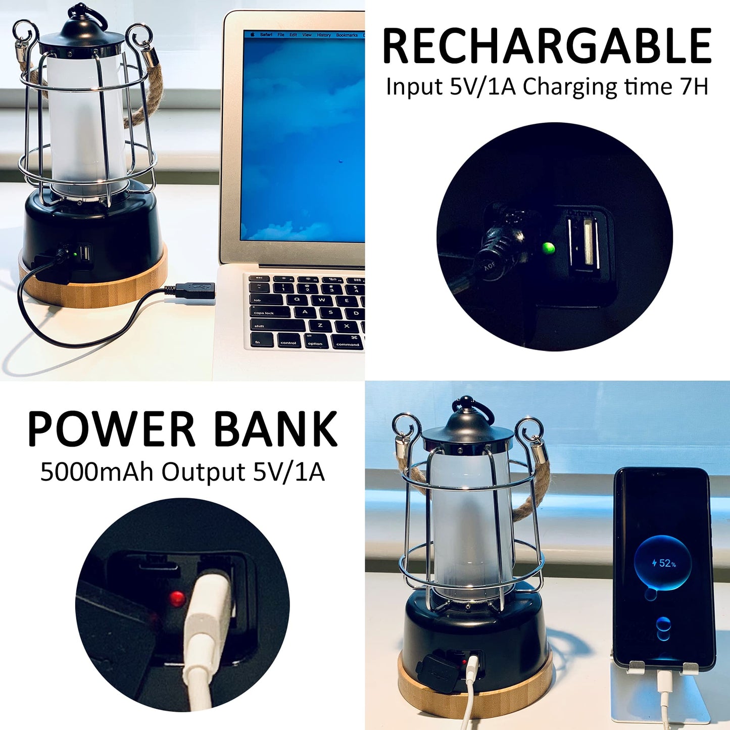 HARPER LIVING Rechargeable Camping Light, LED Retro Water Resistant Lantern, 5000mAh Power Bank, Dimmable Tent Light Rechargeable Lanterns for Living Room, Camping, Fishing, Hiking, Power cuts