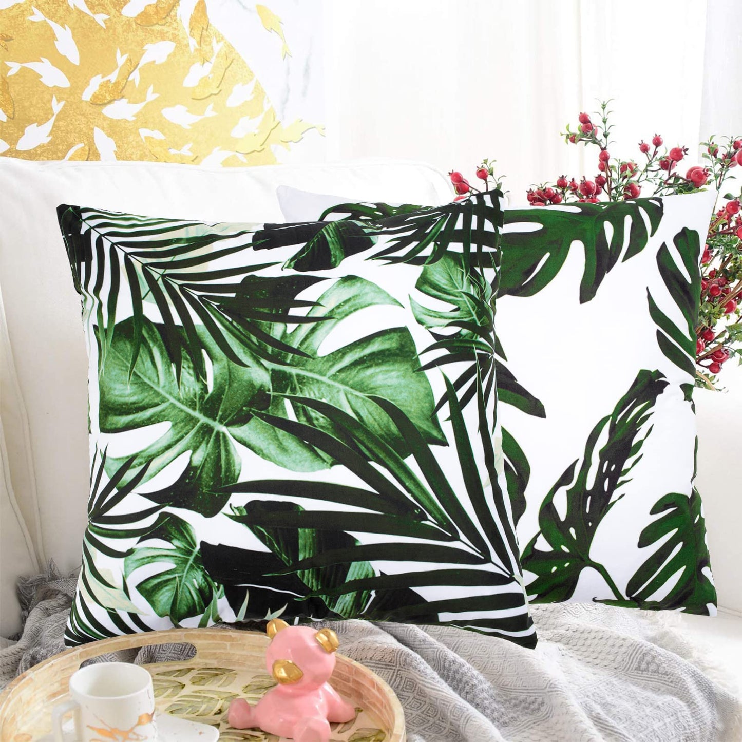 Set of 4 Cushion Covers 18x18 Inch, Waterproof Outdoor Cushion Covers, Tropical Leaves Pillow Cases, 45 x 45cm Decorative Thorw Pillow Covers, Sofa Pillowcases for Bedroom Office Car Home Decor