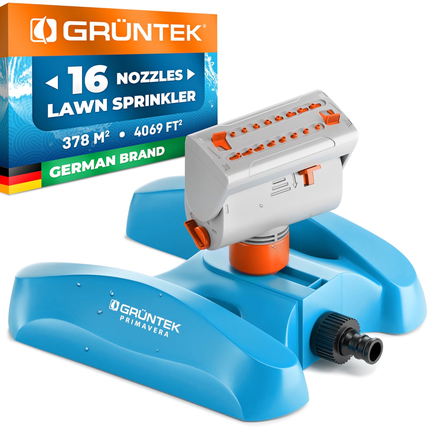 GRÜNTEK Mini - Lawn Sprinkler with 16 nozzles up to 378 m2 / 4069 ft2 Irrigation area with turbo engine