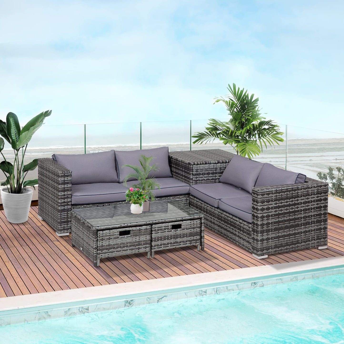 Outsunny 4 Pieces Rattan Garden Furniture Set, 4 Seater Corner Sofa Set with Storage Box, 2 Drawers Coffee Table, Loveseats with Cushions, Wicker Garden Conservatory Furniture for Balcony, Grey