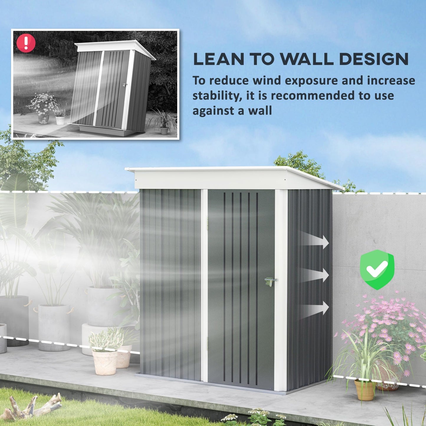 Outsunny 5x3ft Garden Shed, Steel Small Shed, Outdoor Lean-to Shed with Adjustable Shelf, Lock and Gloves for Patio, Garden, Dark Grey with Foundation Kit