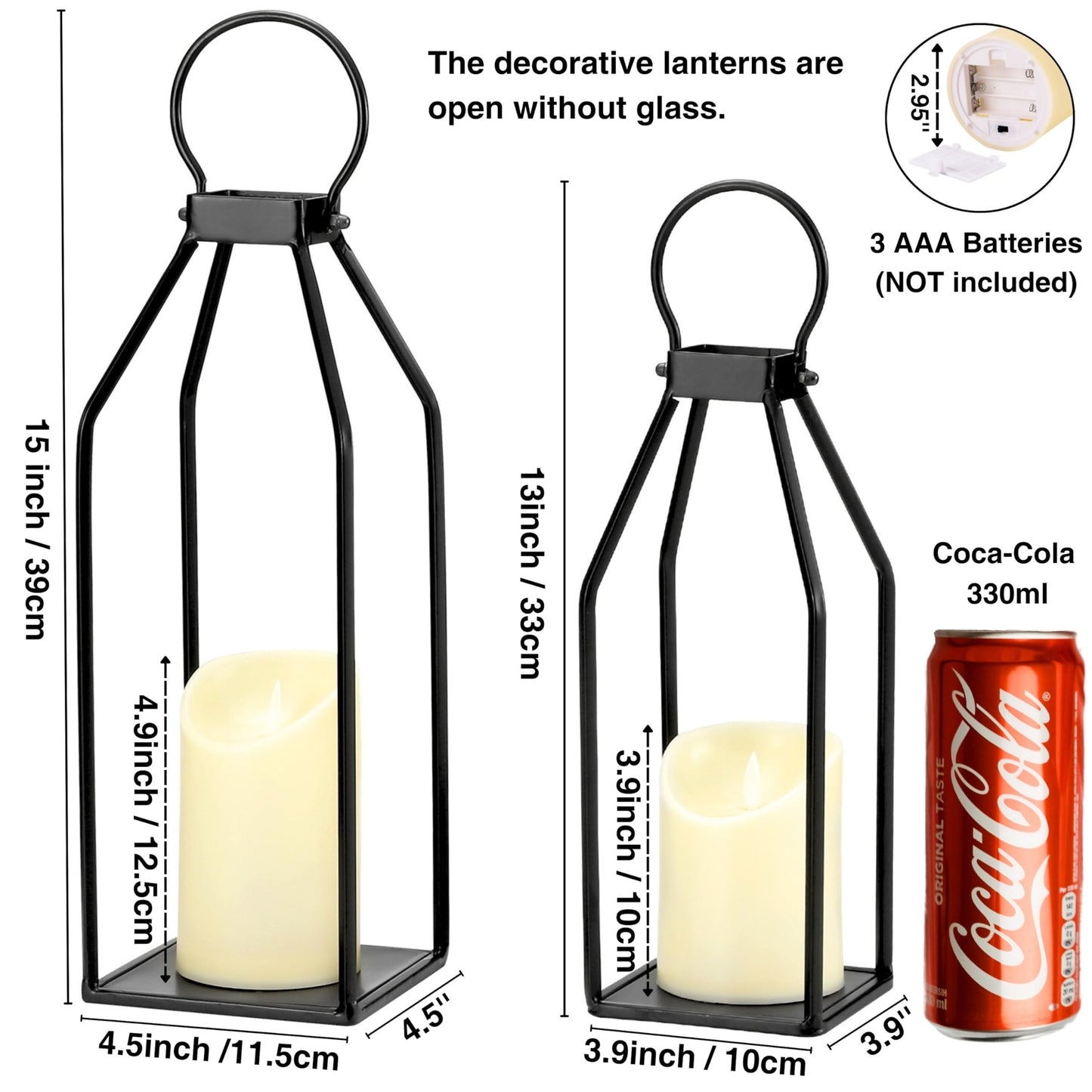 Perfnique Modern Farmhouse Lantern Decor, 15'' 13'' Set of 2 Black Metal Lanterns, 2 LED 6hr Timer Flickering Flameless Candles, Lanterns Decorative for Outdoor Decor, Home, Indoor, Patio (Black)