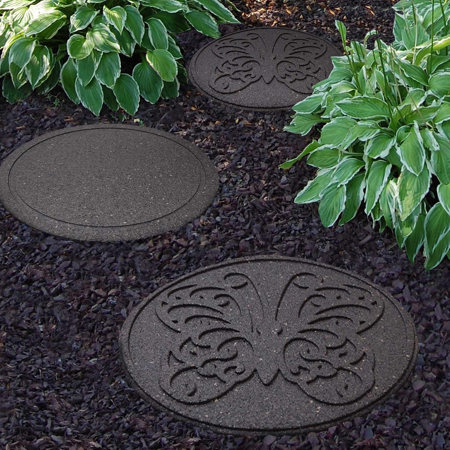 Nicoman 4-Pack 18" Round Butterfly Garden Stepping Stone Recycled Rubber Steps Hard Wearing Heavy Duty Outdoor Pathway Tiles - (Grey, Dia.46cm, Set of 4)