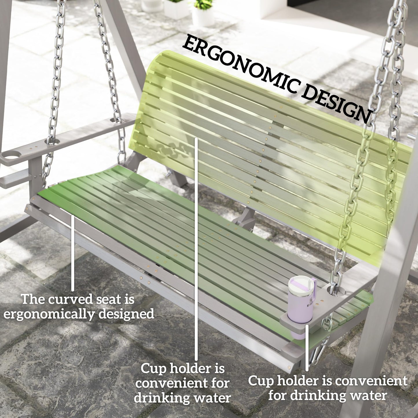 Outsunny 2 Seater Garden Swing Seat, Wooden Swing Chair Bench with Cup Holders for Outdoor Porch Patio, Grey