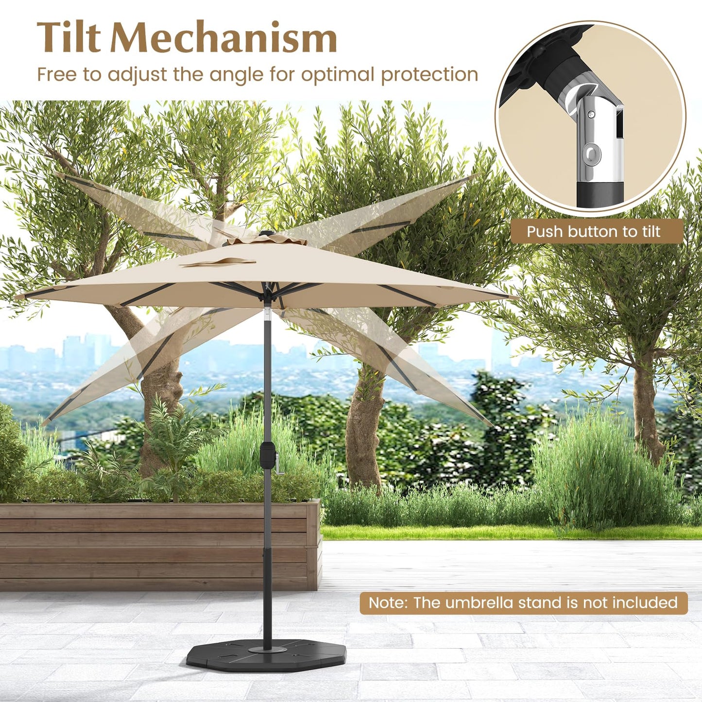 COSTWAY 2.7m Garden Parasol, Waterproof Patio Umbrella with Tilt, Crank Handle & Vented Top, 8 Ribs UV Protective Outdoor Table Sun Shade for Market Yard Pool (Beige)