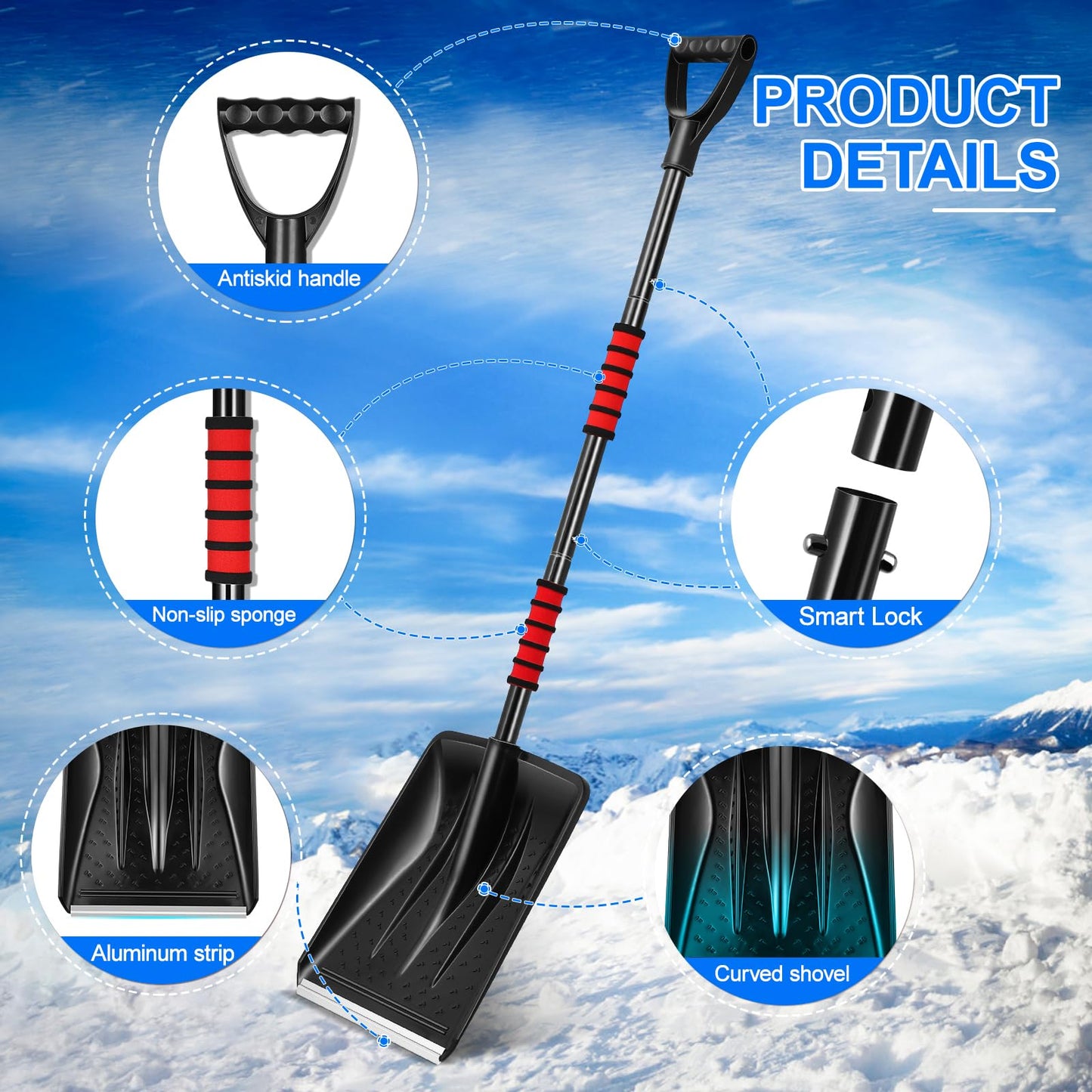 YARNOW 43 Collapsible Shovel with D-Grip Handle, Detachable Four-Piece Construction Snow, Sand, Mud Removal Tool for Car, Camping, Garden, and Other Outdoor Activities
