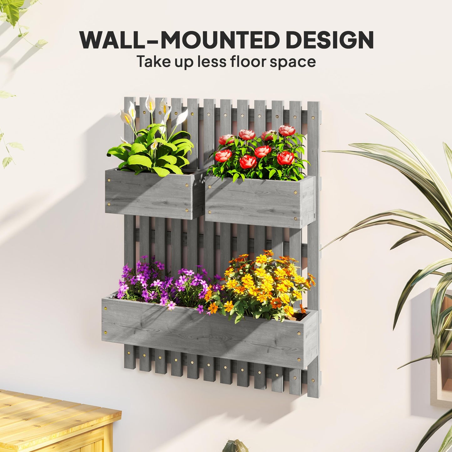 Outsunny Wall-mounted Wooden Garden Planters with Trellis, Drainage Holes and 3 Movable Planter Boxes, Wall Raised Garden Bed for Patio, Grey