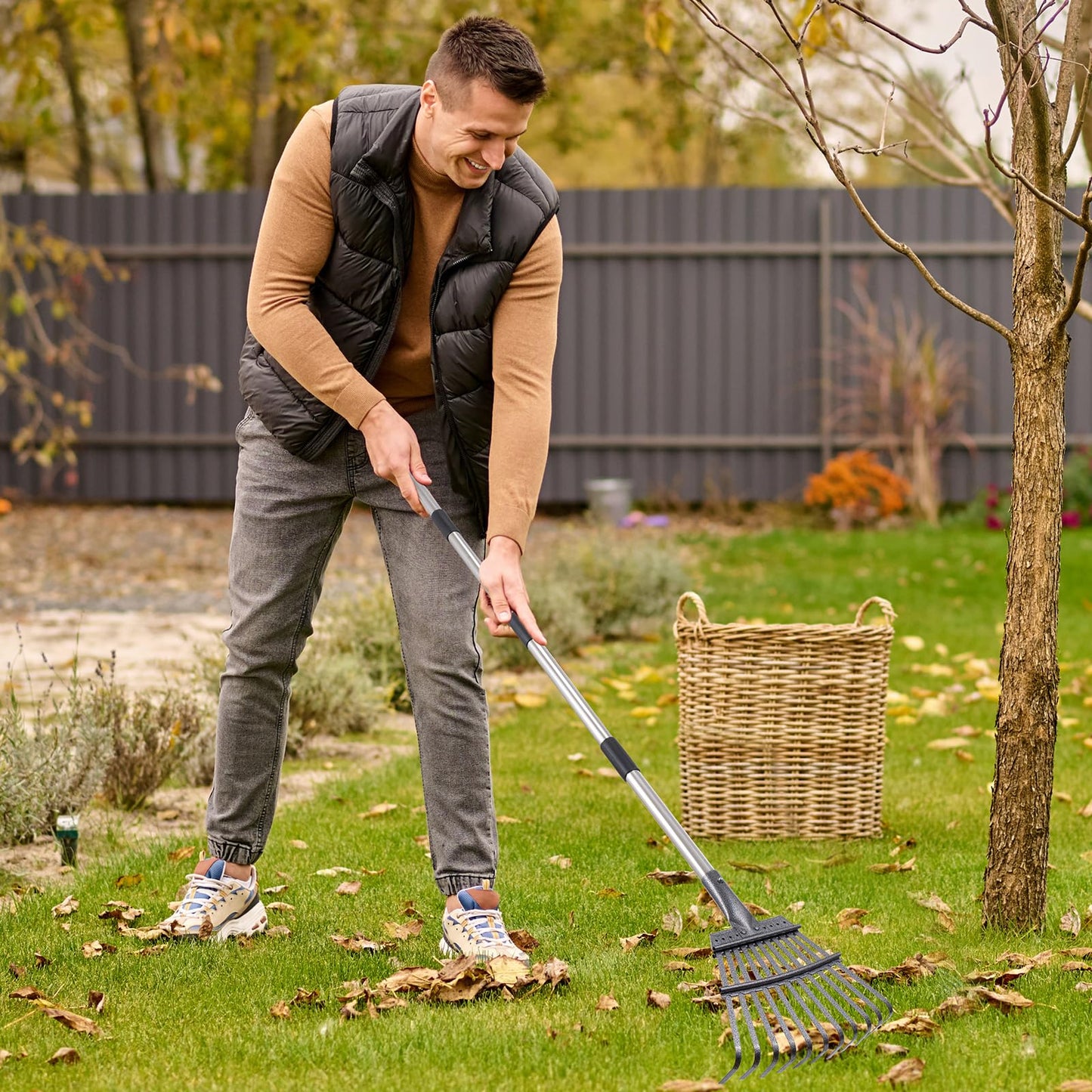 Garden Rake -Small Leaves Rakes for Gardening - 11 Metal Tines/ 9" Wide/ 32.6"-55.9" Long Handle Leaf Rakes for Lawns Heavy Duty for Yard Shrub etc with Garden Digging Gloves