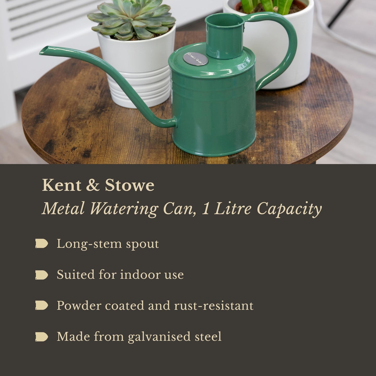 Kent & Stowe 1L Indoor Watering Can in Sage Green, Rust-Resistant Galvanised Watering Can with Handle and Long Spout, Classic All Year Round Garden Tools Made from Steel