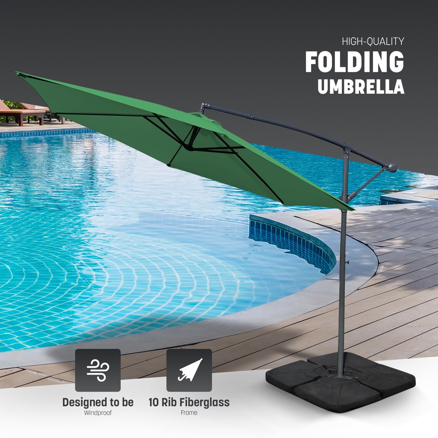 KEPLIN 3M Cantilever Garden Parasol, Garden Umbrella with Crank Handle & Cover, UV Protection, Water-Repellent Polyester, Powder-Coated Pole, 6 Ribs Garden Parasol and Base, Sturdy Cross Base, Green