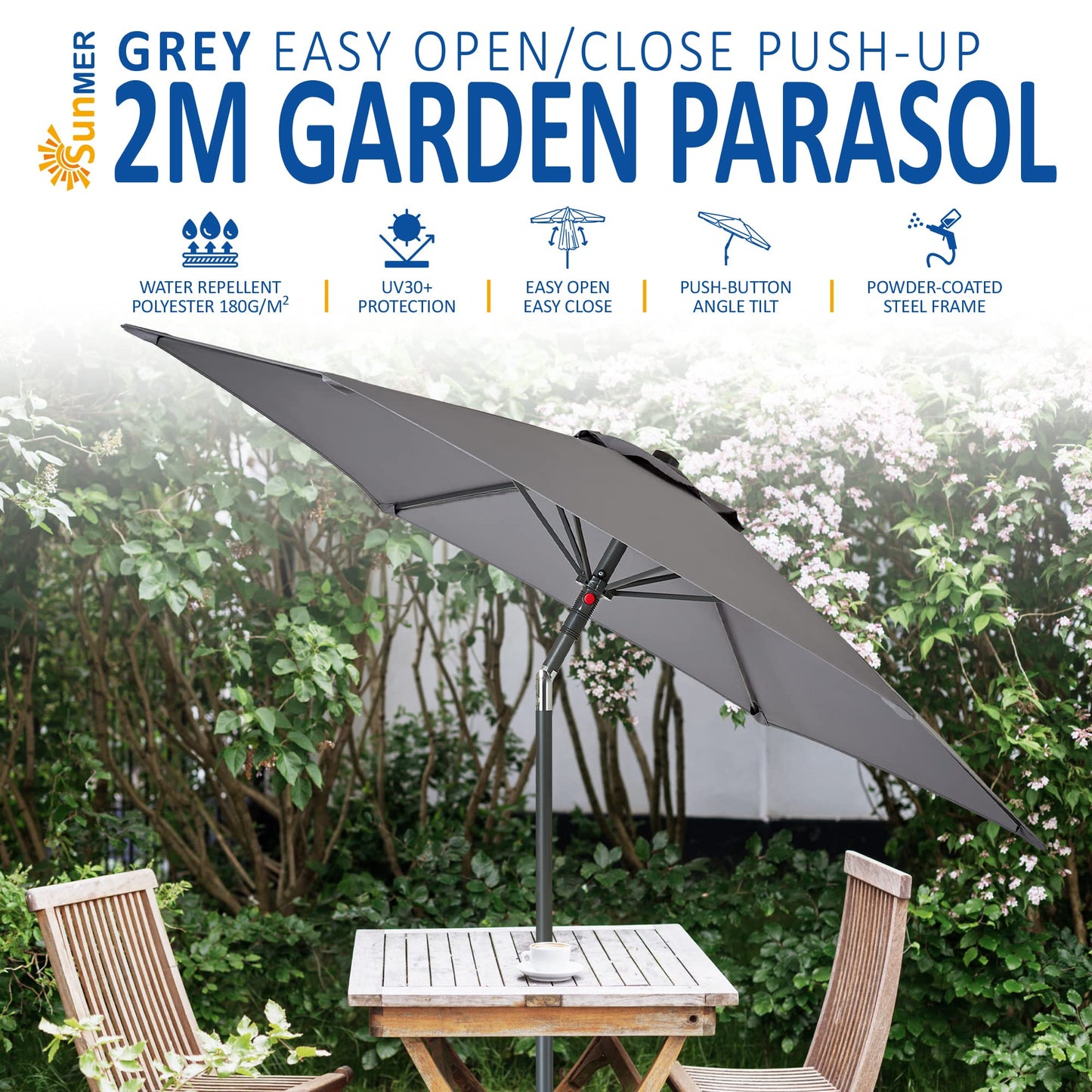 SUNMER 2M Garden Parasol, Sun Shading Umbrella, Easy Open/Close Push Up with Tilt, Water Repellent Polyester, Powder-Coated Steel Frame, UV 30-, Pole Width 32mm - Grey