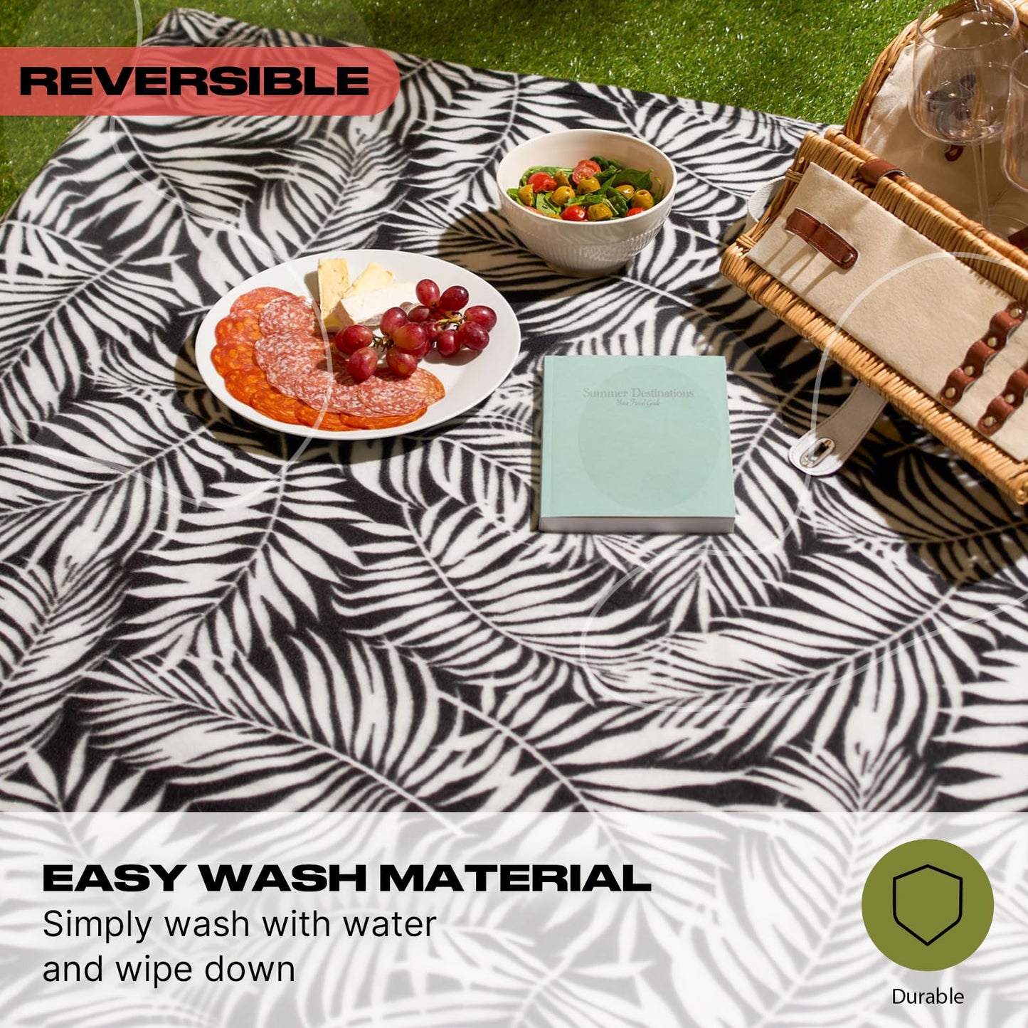 OHS Garden Rug Leaf Black/White, Large Outdoor Rug Water Resistant Foldable Area Rugs Easy Storage Reversible Mat for Summer Garden Patio Decking, 120 x 170cm