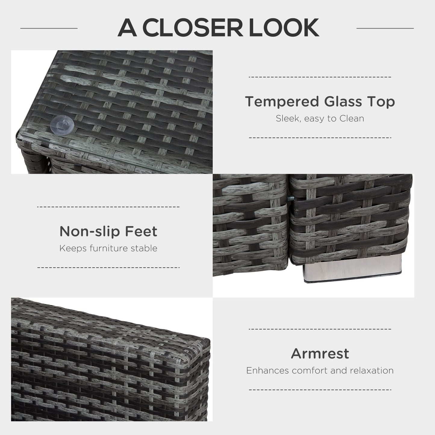 Outsunny 4 Pieces Rattan Garden Furniture Set, 4 Seater Corner Sofa Set with Storage Box, 2 Drawers Coffee Table, Loveseats with Cushions, Wicker Garden Conservatory Furniture for Balcony, Grey