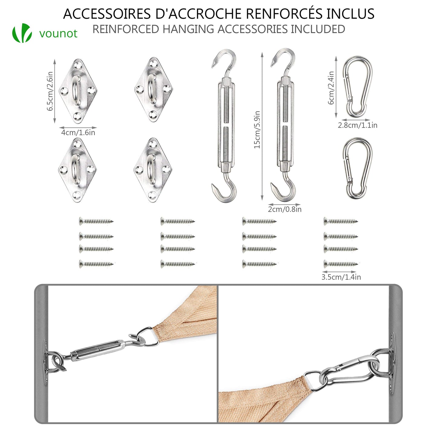 VOUNOT® Sun Shade Sail Rectangle 3m x 2.5m with Fixing Kit, 95% UV Block Breathable HDPE Awning, Sunscreen Canopy for Outdoor Garden Patio Lawn, Ivory