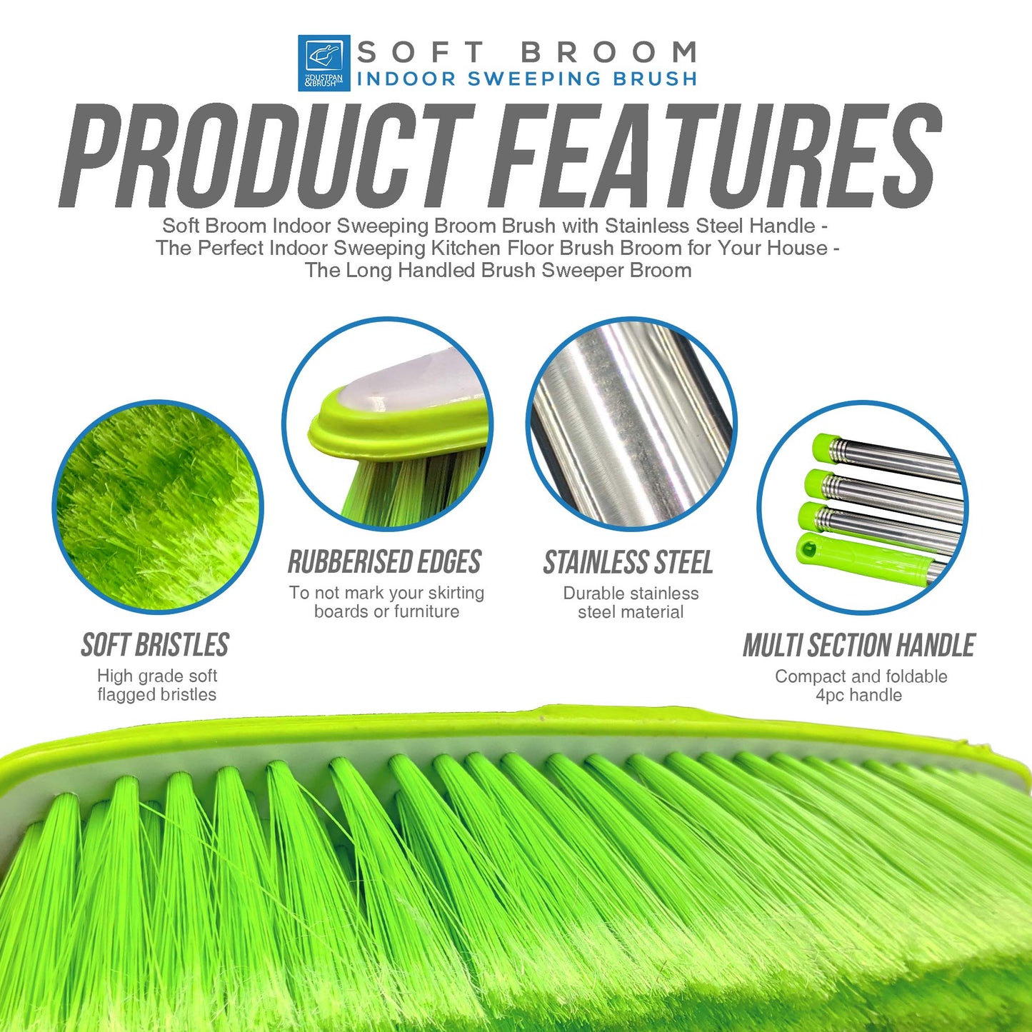 Soft Broom Indoor Sweeping Broom Brush with Stainless Steel Handle - The Perfect Indoor Sweeping Kitchen Floor Brush Broom for Your House - The Long Handled Brush Sweeper Broom (Green)
