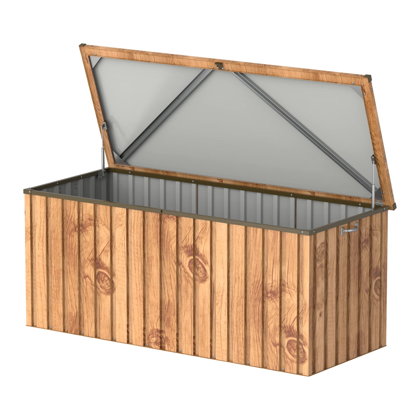 Duramax DH 1.7 Metal Cushion Box (770 L) with Hydraulic Gas Cylinder & Padlock Eye, Outdoor Deck Box and Garden Furniture Organizer, Woodgrain & Brown Trimmings